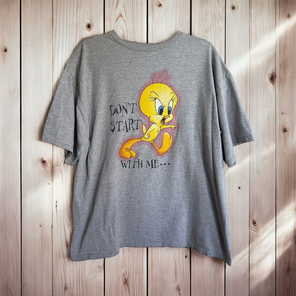 VINTAGE LOONEY TUNES 2001 TWEETY BIRD DON’T START WITH ME Heather Gray T SHIRT
